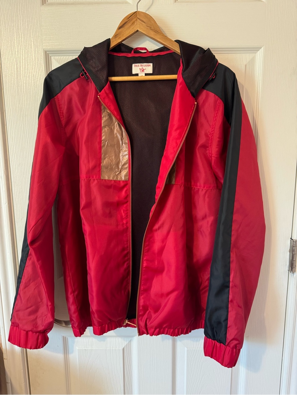True Religion Red & Black Hooded Windbreaker Jacket Size Small